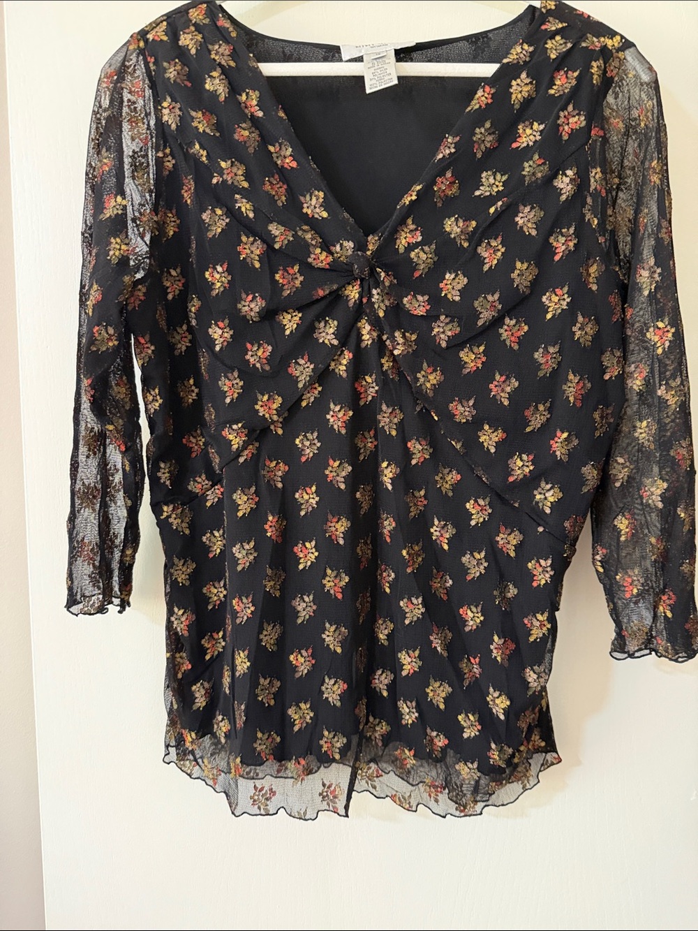 Nine West Black Sheer Floral Tie-Front Blouse